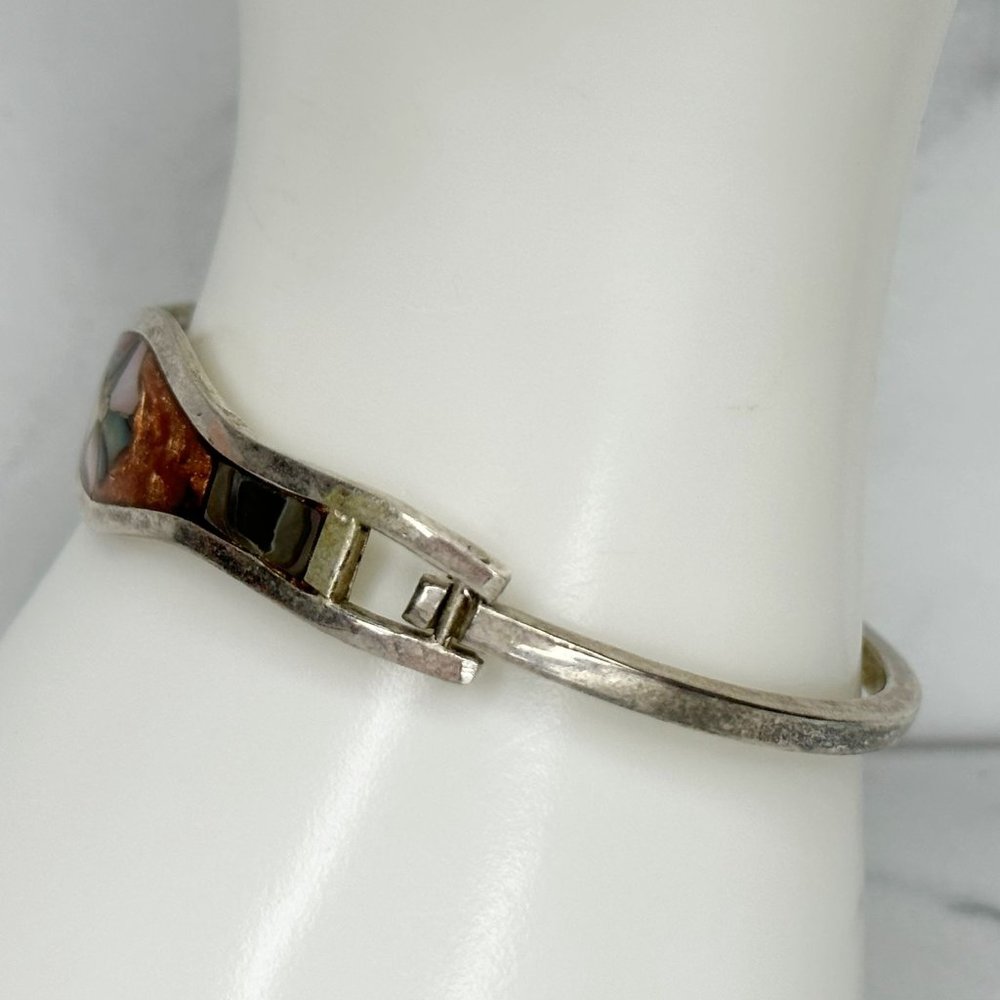 Vintage Mexico Silver Tone Abalone Shell Flower Inlay Hinge Bangle Bracelet - Picture 8 of 11